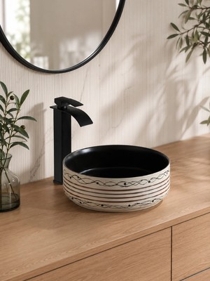FUALORA Tezgah Üstü Seramik Çanak Lavabo Batarya Deliksiz 36*36*13 cm