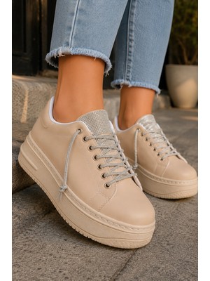 Mevese Luna Sim Detaylı Bağcıklı Kadın Günlük Sneaker Ayakkabı - Ten