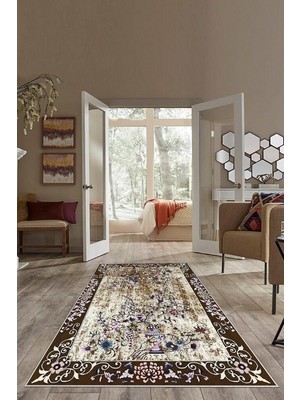 Mey İthalat Pelangi Kahverengi Zemin Çiçek Desenli Yıkanabilir Kaymaz Taban Leke Tutmaz Modern Salon Halısı ve Yolluk, Kahverengi 180 x 300, 74571219180300728