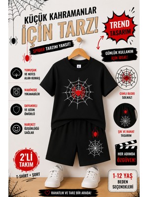 Overmax Örümcek Ağ Baskılı Çocuk Takım – Tişört & Şort 2’li Kombin | 1-12 Yaş Trend Yazlık Takım