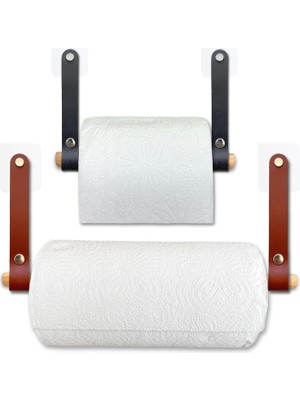 Mey İthalat Yapışkanlı Ahşap & Deri Tuvalet Kağıtlığı | Banyo Kağıt Havluluk, Havlu Peçetelik | Wc Kağıtlık, Dolap Altı Kağıt Havlu Askısı (Siyah & Kahve, 2' Li Set [kağıt Havluluk & Tuvalet Kağıtlığı])