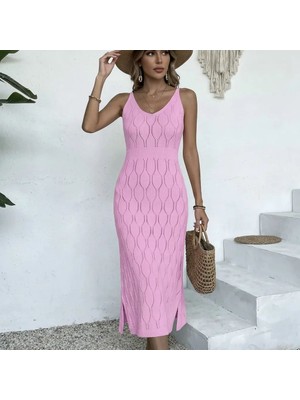 %100 Pamuk Yaprak Desen Ajurlu Belden Lastikli Uzun Triko Plaj Elbisesi Noxxa