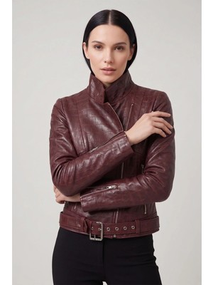 Deriderim Bordo Vintage Hakiki Deri Asimetrik Fermuarlı Kadın Biker Ceket
