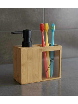 Mey İthalat Barotti Bambu 2'li Banyo Seti, Mat Siyah Detaylı Sıvı Sabunluk ve Diş Fırçalık, Modern Tasarım, Doğal Bambu Malzeme, Tezgah Üstü Banyo Aksesuarları