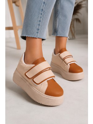 Mevese Vera Çift Cırtlı Kadın Günlük Sneaker Kalın Taban Rahat Ayakkabı - Taba