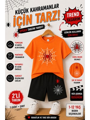 Overmax Örümcek Ağ Baskılı Çocuk Takım – Tişört & Şort 2’li Kombin | 1-12 Yaş Trend Yazlık Takım