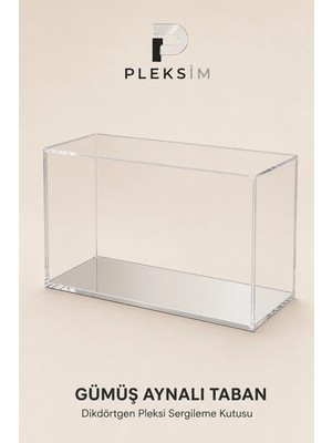Ulusoypleksi 50X25X20 cm Dikdörtgen Mağaza Vitrin Sunum Kutusu Şeffaf Pleksi Akrilik Display Box Premium Gümüş Aynalı Taban