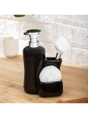 Mey İthalat Porsima 268669 Tezgah Üstü Siyah Sıvı Sabunluk Fırçalı Süngerlikli Sabunluk (550ML) 20CM