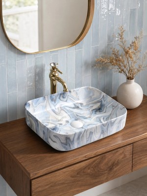 FUALORA Tezgah Üstü Seramik Çanak Lavabo Batarya Deliksiz 50*40*14CM