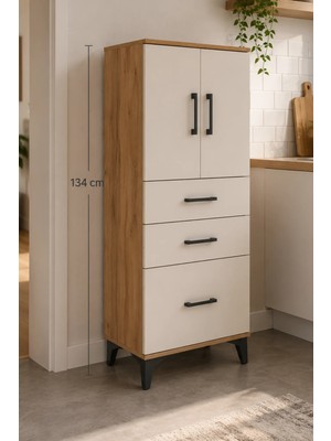 Dienni Hyperion Çok Amaçlı Dolap Mutfak Banyo Dolabı 2 Raflı 3 Çekmeceli 2 Kapaklı 60X44X134 Çam-Aytaşı