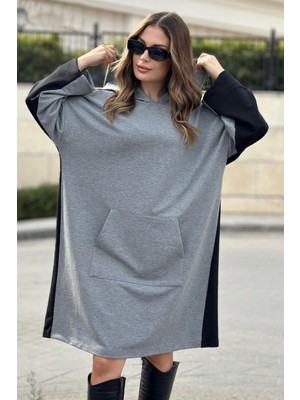 WeShaya Kadın Siyah Kapüşonlu, Ön ve Arkası Farklı Renk, Kanguru Cepli, Salaş-Oversize Elbise