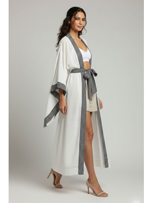 Deriderim Luna Ekru Desen Şeritli Plaj Kimono Yazlık Elbise Kaftan