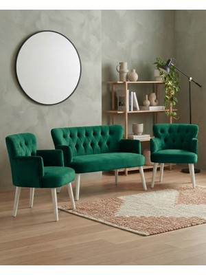 Azra Mobilya Roma 2+1+1 Babyface Kumaş Çay Seti Ev & Ofis Koltuk Takımı - Ahşap Beyaz Ayak - Yeşil