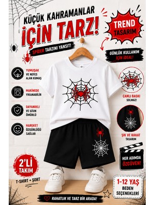 Overmax Örümcek Ağ Baskılı Çocuk Takım – Tişört & Şort 2’li Kombin | 1-12 Yaş Trend Yazlık Takım