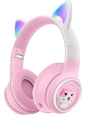 Mey İthalat Heartz Renkli Büyük A Kalite Kulak Üstü Taç Renkli Işıklı Kedi Kulaklı Kedi Kabartmalı 5.3 Version Ped Balşlıklı Boyu Ayarlanabilen Çok Rahat Bluetooth Kulaklık Akz 02 (Pembe)