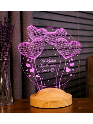 Mey İthalat Öğretmene Özel 3D LED Lamba - Balon Kalpli Tasarımlı, Öğretmenler Günü ve Mezuniyet Hediyesi, Isimli Dekoratif Gece Lambası