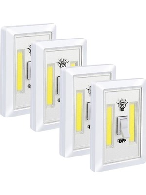 Mey İthalat Güncelçarşı Pille Çalışan Duvar Anahtarı Tipi Cob LED Lamba, Kablosuz Dolap Içi Aydınlatma, Mıknatıslı, Yapışkanlı Gece Lambası, Kitap Lambası (4 Adet)