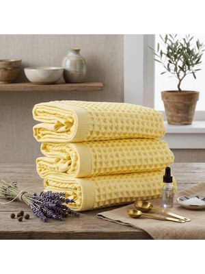 Como Home Premium 3'lü Waffle Mutfak ve Banyo Havlu Seti - %100 Pamuk Sertifikalı, Ekstra Emici, Hızlı Kuruyan Limon Sarısı Havlu (40X80 Cm, 150 Gr)