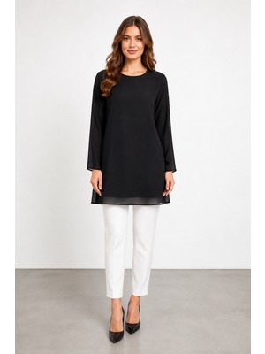 Bihan Store Kadın Şifon Uzun Kollu Tunik Bluz Y26-30392 - Siyah