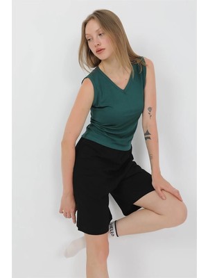 mery Moda Kadın Kalın Askılı Pamuk Penye Şortlu Takım Yeşil Beruflic