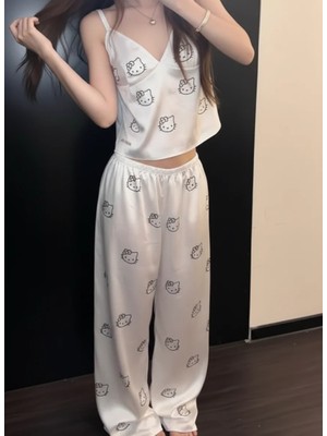 Balina Beyaz Hello Kitty Taş Detaylı Saten Homewear Pijama Takımı