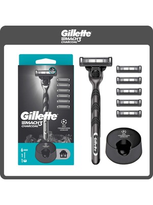 Gillette Mach3 Charcoal Tıraş Makinesi ve Yedek Bıçağı 6'lı + Tıraş Bıçağı Standı