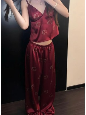 Balina Bordo Hello Kitty Taş Detaylı Saten Homewear Pijama Takımı
