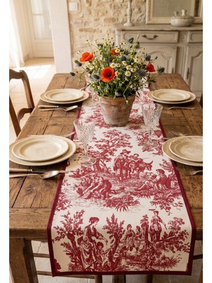 Duck Kumaş Fransız Köylü Desenli Runner - Kırmızı Beyaz Toile De Jouy Biyeli Masa Örtüsü 160 x 45 cm