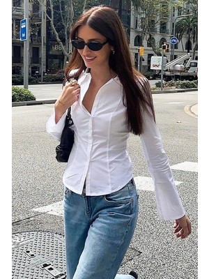 Balina Beyaz Dar Kesim Ispanyol Kol Poplin Y2K Gömlek