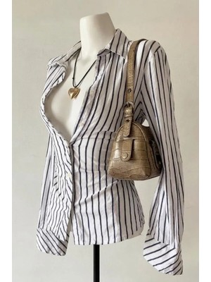 Balina Beyaz Çizgili Vintage Mini Puff Sleeve Goth Y2K Uzun Kollu Gömlek