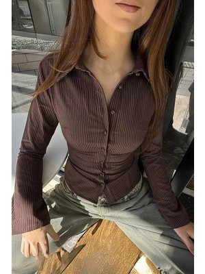 Balina Kahverengi Çizgili Vintage Mini Puff Sleeve Y2K Uzun Kollu Gömlek