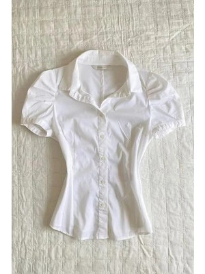 Balina Beyaz Vintage Mini Puff Sleeve Goth Y2K Kısa Kollu Gömlek