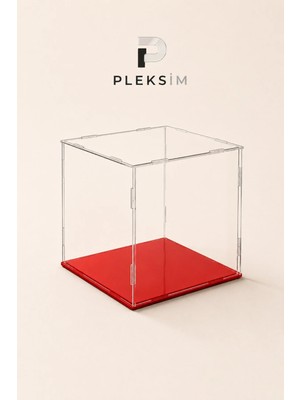 Ulusoypleksi 20X20X20 cm Şeffaf Pleksi Akrilik Display Box Premium Sunum ve Sergileme Kutusu Kırmızı Taban