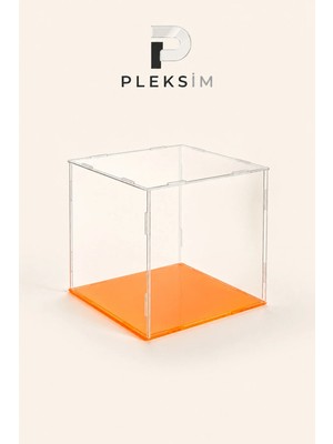 Ulusoypleksi 35X35X35 cm Şeffaf Pleksi Akrilik Sunum Kutusu Toz Korumalı Sergileme ve Vitrin Kutusu Turuncu Taban