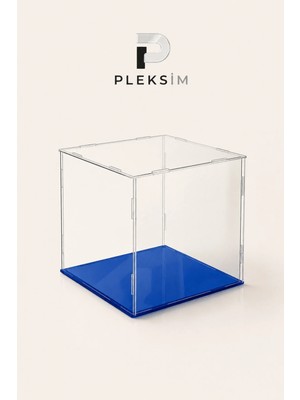 Ulusoypleksi 20X20X20 cm LEGO Sergileme Kutusu Şeffaf Pleksi Akrilik Display Box Toz Korumalı Mavi Taban