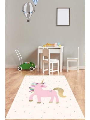 Mey İthalat Pelangi Pembe Tek Boynuzlu At Desenli Yıkanabilir Kaymaz Taban Leke Tutmaz Çocuk Odası Halısı, Pembe 120 x 200