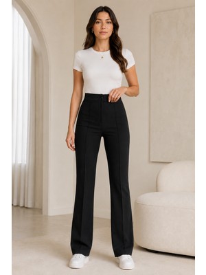 Woman Vision Kadın Esnek Siyah Krep Kumaş Yüksek Bel Casual Kumaş Pantolon 150