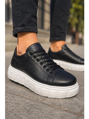 Mevese Ares Bağcıklı Cilt Erkek Günlük Sneaker Yüksek Taban Ayakkabı - Siyah Beyaz