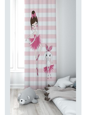 Mey İthalat Pelangi Pembe Balerin Desenli Dijital Baskı Yıkanabilir Bebek Çocuk Odası Fon Perdesi, Pembe-Beyaz 140 x 200