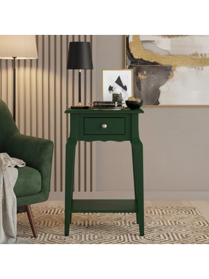 Roys Ahşap Masif Konik Yeşil Raflı Yan Sehpa - Mini Dresuar