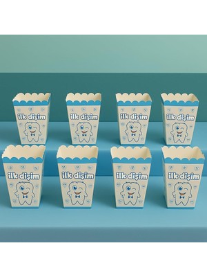 Mey İthalat Ilk Dişim Mavi Temalı Popcorn Kutusu, 8'li Set, Erkek Bebek Diş Buğdayı Partisi, Kağıt Materyal