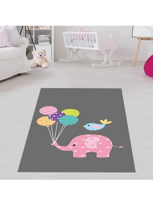 Mey İthalat Pelangi Filli Balonlu Kuşlu Dijital Baskı Yıkanabilir Kaymaz Taban Leke Tutmaz Fil Desenli Bebek Odası Halıs, Pembe-Gri 100 x 500