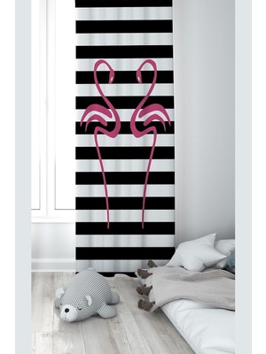Mey İthalat Pelangi Siyah Flamingo Desenli Dijital Baskı Yıkanabilir Bebek Çocuk Odası Fon Perdesi, Fuşya-Siyah 140 x 200