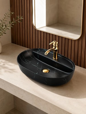 FUALORA Tezgah Üstü Seramik Çanak Lavabo Batarya Deliksiz 60*40*14 cm