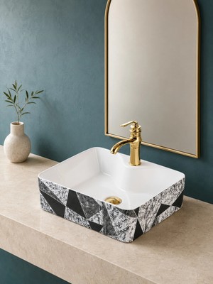 FUALORA Tezgah Üstü Seramik Çanak Lavabo Batarya Deliksiz 48*38*13 cm