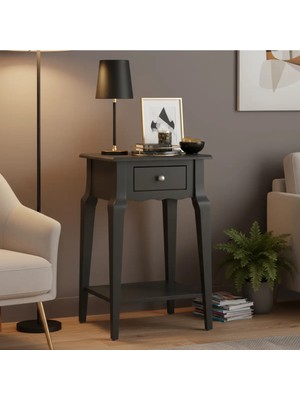Roys Ahşap Masif Konik Antrasit Raflı Yan Sehpa - Mini Dresuar