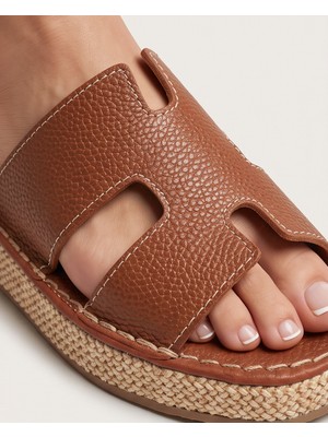 Futsi Shoes Lagoon Kahverengi Hakiki Deri Hasır Taban Kadın Terlik