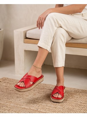 Futsi Shoes Nerına Kırmızı Hakiki Deri Çapraz Bantlı Kadın Terlik