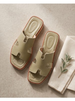 Futsi Shoes Lagoon Yeşil Hakiki Deri Hasır Taban Kadın Terlik