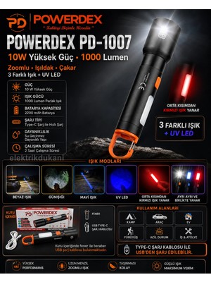 Powerdex 10W Type-C Şarjlı Ledli Profesyonel El Feneri 3 Farklı Işık Rengi ve Yanma Modu 1000LM Dahili 2200MA Batarya IP65